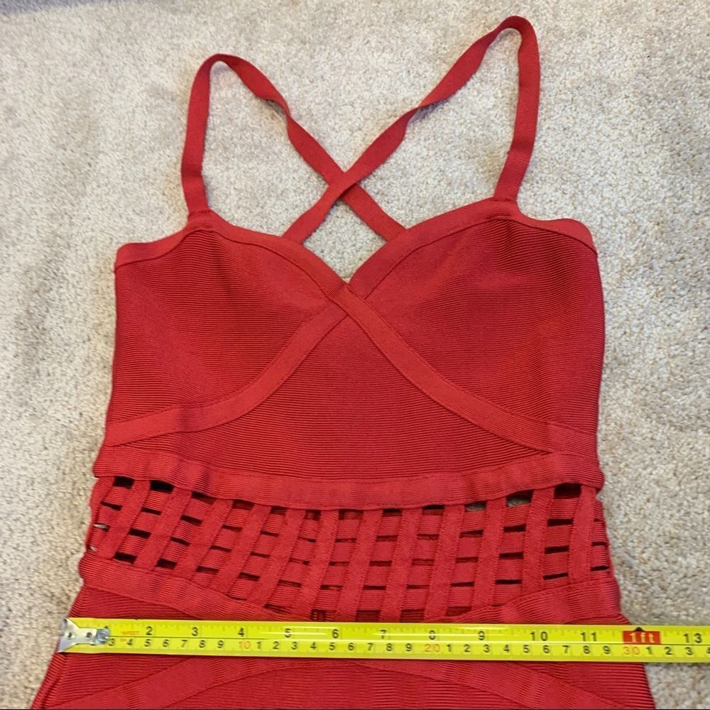 Bebe Red Bandage Bodycon Dress With Caged Waist Detail Sz M - Picture 10 of 12